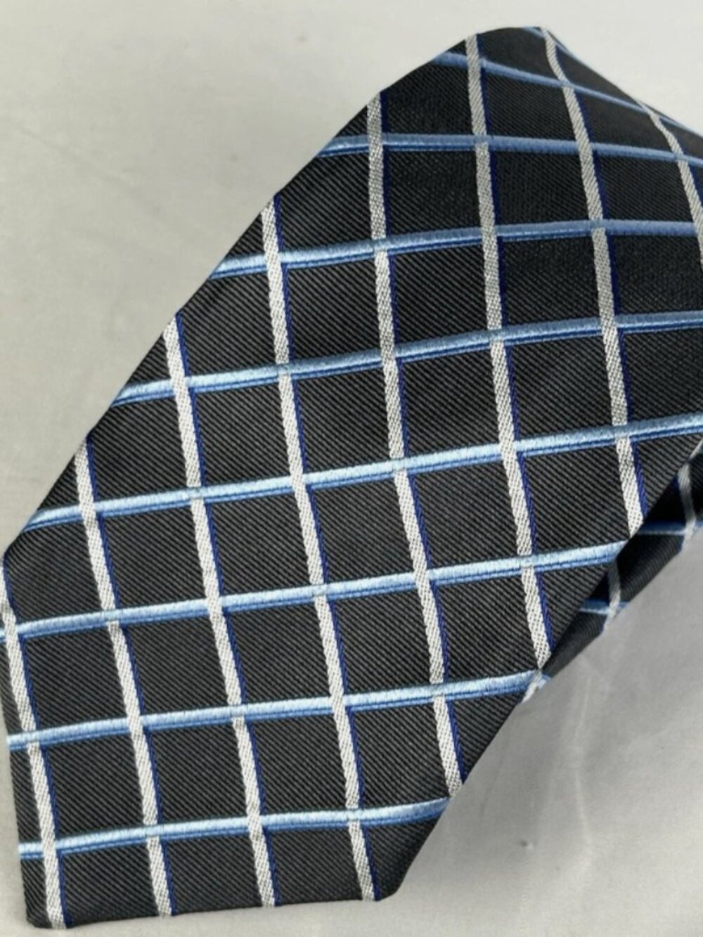 Faconnable Gray Blue Plaid Textured Silk Neck Tie Made In Italy